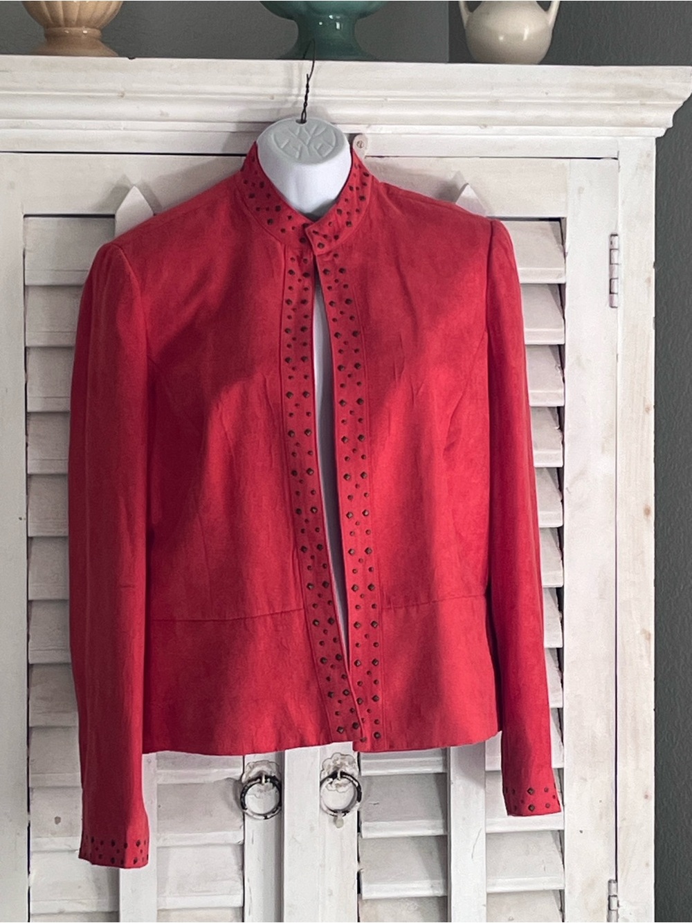 Studded Coral Red Suede-Look Mandarin Collar Jacket Size 8 petite